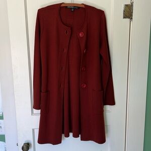 Kasper long burgundy cardigan sweater jacket. Button front. Acrylic & wool blend